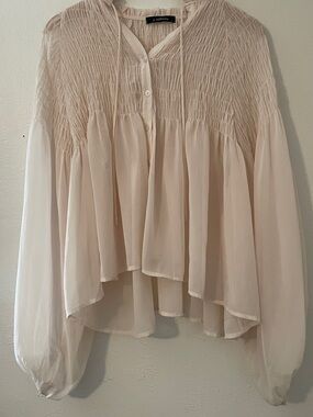 J Roberts Cream Ivory Smocked Boho Peasant Blouse Balloon Sleeve L